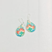 Load image into Gallery viewer, Vintage Aqua Pink Flowers Upcycled Small Teardrop Tin Earrings