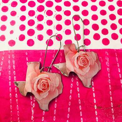 Big Pink Texas Roses Upcycled Tin Earrings