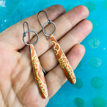 Load image into Gallery viewer, Golden Filigree On Orange Teardrops Upcycled Tin Earrings