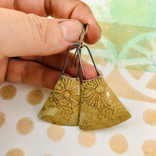 Load image into Gallery viewer, Golden Blossoms on Buckskin Small Fans Zero Waste Tin Earrings