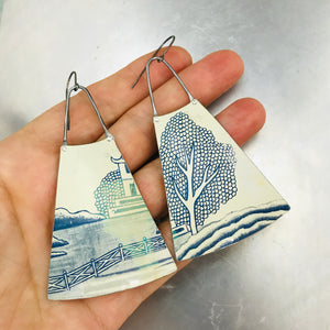 Pagoda and Japanese Tree Upcycled Vintage Tin Long Fans Earrings