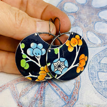 Load image into Gallery viewer, Blossoms On Midnight Blue Circles Upcycled Tin Earrings