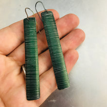 Load image into Gallery viewer, Etched Shimmery Forest Long Narrow Tin Earrings