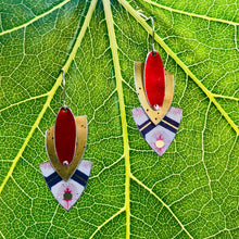Load image into Gallery viewer, Antique Gold &amp; Sunburst Reuleaux Triangle Upcycled Teardrop Tin Earrings