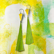 Load image into Gallery viewer, Gold &amp; Long Green Narrow Kites Recycled Tin Earrings