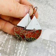 Load image into Gallery viewer, Rustic Red &amp; Golden Swirls Upcycled Tin Sailboat Earrings