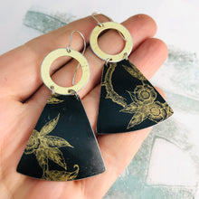 Load image into Gallery viewer, Golden Flowers in Black Small Fans Tin Earrings