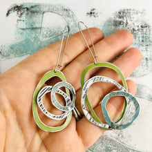 Load image into Gallery viewer, Olive, Bar Code &amp; Slate Blue Scribbles Upcycled Tin Earrings