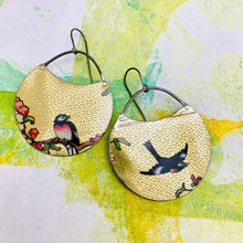 Load image into Gallery viewer, Songbirds on Golden Pattern Circles Upcycled Tin Earrings