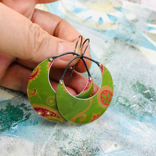 Load image into Gallery viewer, Pink Paisley on Matcha Crescent Circles Upcycled Tin Earrings