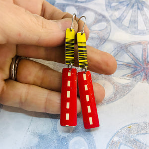 Yellow Bar Code & Red Dashed Rectangles Recycled Tin Earrings
