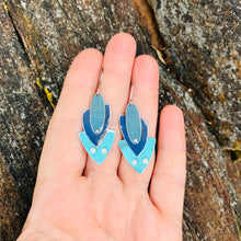 Load image into Gallery viewer, Shimmery Teal Reuleaux Triangle Upcycled Teardrop Tin Earrings