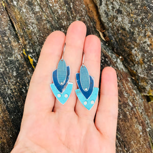 Shimmery Teal Reuleaux Triangle Upcycled Teardrop Tin Earrings