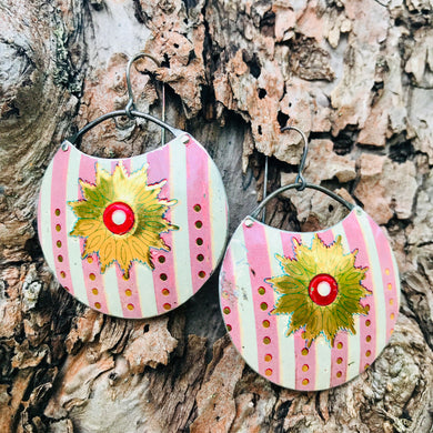 Golden Medallions on Striped Cotton Candy Circles Upcycled Tin Earrings