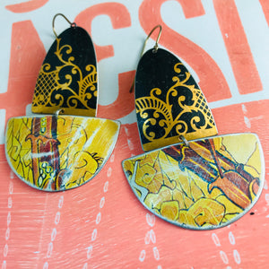 Black and Golds Upcycled Tin Boat Earrings