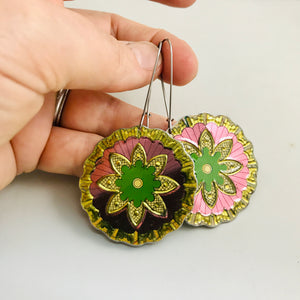 RESERVED Shimmery Vintage Flower Big Circle Tin Earrings