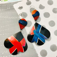 Load image into Gallery viewer, Bright Blue &amp; Scarlet Trefoil Upcyled Tin Earrings