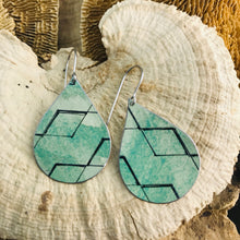 Load image into Gallery viewer, Black Diamond Pattern on Green Upcycled Teardrop Tin Earrings