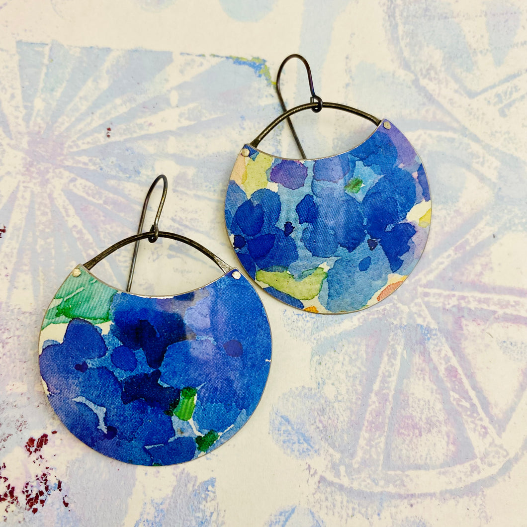 Bright Blue Watercolor Flowers Circles Upcycled Tin Earrings