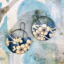 Load image into Gallery viewer, Plum Blossoms on Blue Jean Circles Upcycled Tin Earrings