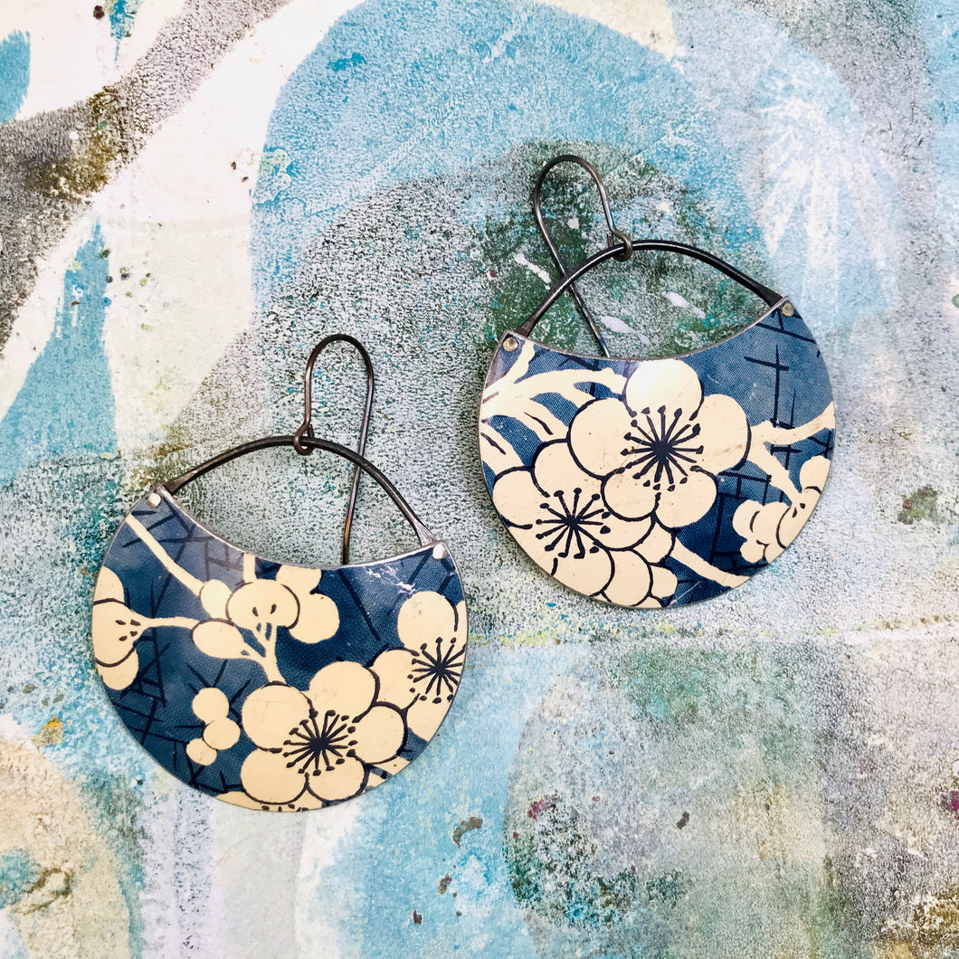 Plum Blossoms on Blue Jean Circles Upcycled Tin Earrings
