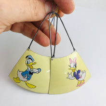 Load image into Gallery viewer, Donald Duck &amp; Daisy on Butter Yellow Recycled Tin Earrings by adaptive reuse jewelry