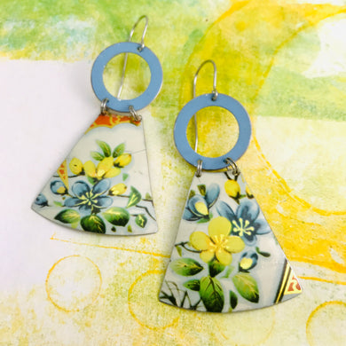 Gorgeous Blue & Yellow Flowers Small Fan Tin Earrings