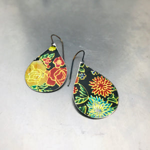 Bright Flowers on Midnight Upcycled Teardrop Tin Earrings
