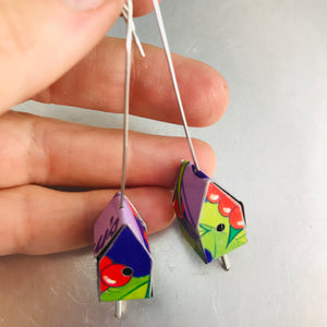 Red Berries and Purple Tiny Tin Birdhouse Earrings