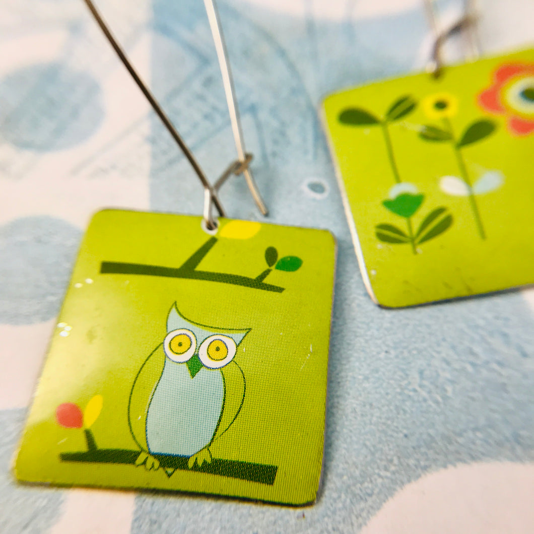 Owl & Flowers on Green Square Earrings