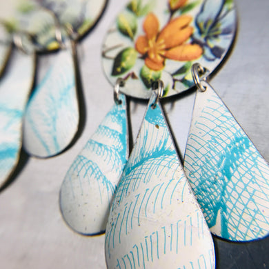 Flowers and Mixed Aquas Zero Waste Tin Chandelier Earrings