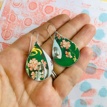 Load image into Gallery viewer, Pink Flowers on Green Upcycled Teardrop Tin Earrings