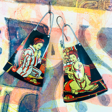 Tea Ceremony Upcycled Tin Long Fans Earrings