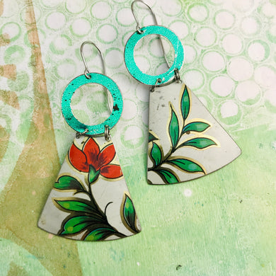 Green Leaves Red Flower Small Fan Tin Earrings