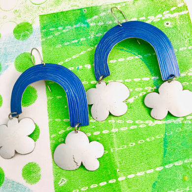 True Blue Etched Rainbows with Puffy Clouds Upcycled Tin Earrings