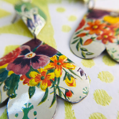 Pansies on Green Trefoil Upcyled Tin Earrings