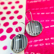 Load image into Gallery viewer, Black &amp; White Barcode Tiny Dot Upcycled Tin Earrings