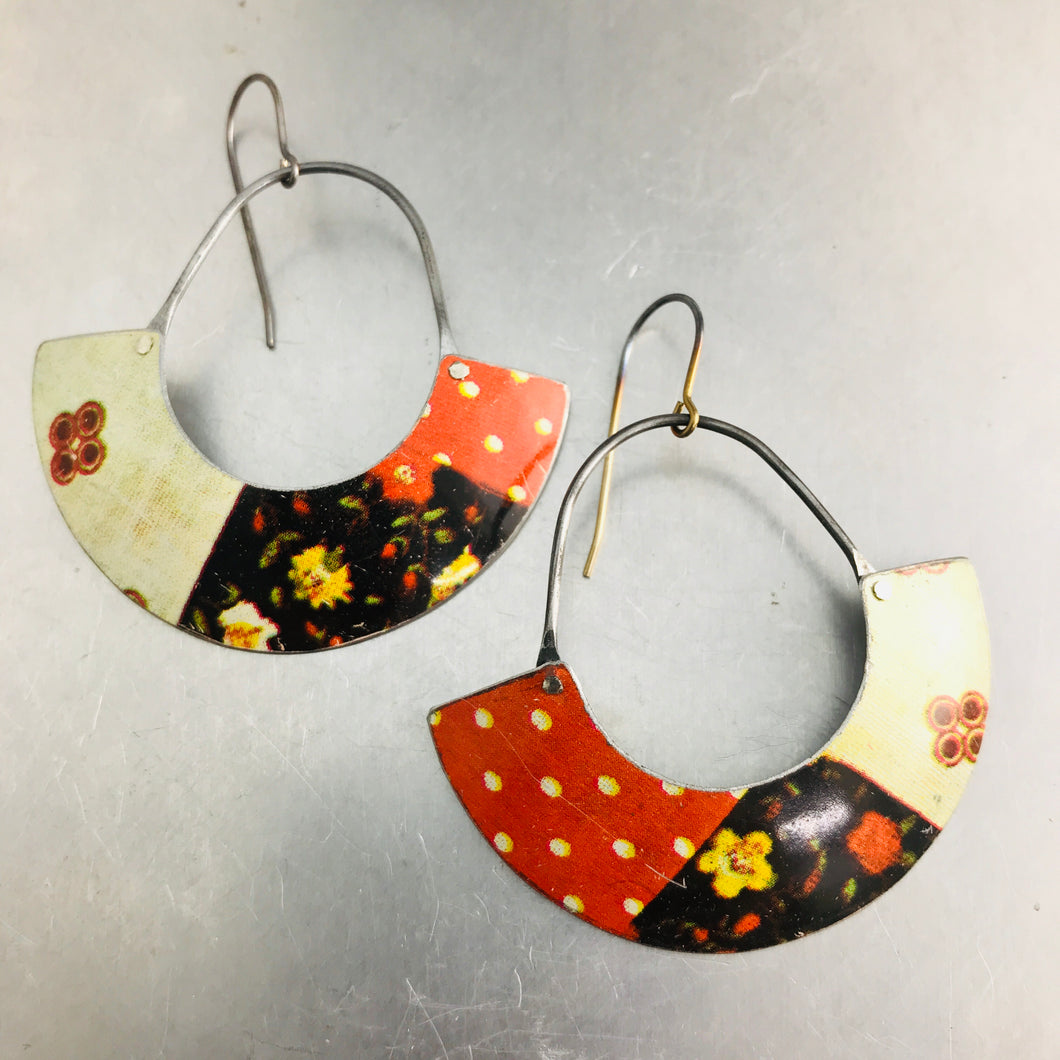 Orange Patchwork Half Moon Recycled Tin Earrings