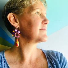 Load image into Gallery viewer, #24 Bold Patterned Protective Crescent, Sun and Rain Upcycled Tin Earrings
