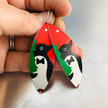 Load image into Gallery viewer, Penguins on Bright Red Upcycled Tin Leaf Earrings