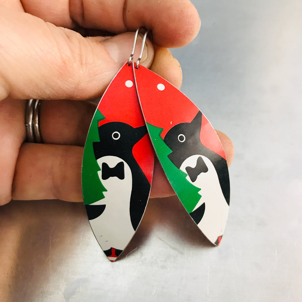 Penguins on Bright Red Upcycled Tin Leaf Earrings