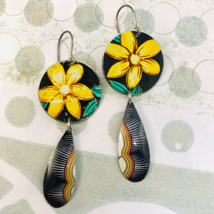 Yellow Blossoms & Teardrops Upcycled Teardrop Tin Earrings