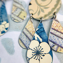 Load image into Gallery viewer, Mixed Patterns Pale Peach &amp; Blues Zero Waste Tin Chandelier Earrings