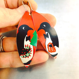 Party Penguins on Bright Red Upcycled Tin Leaf Earrings