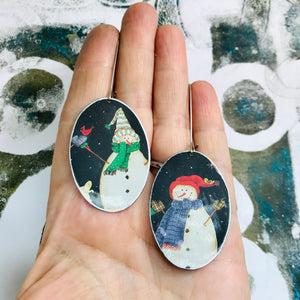 Rustic Snowmen Large Ovals Tin Earrings