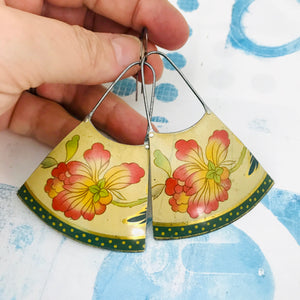 Pink Blossoms in Tea Stained Upcycled Tin Long Fans Earrings