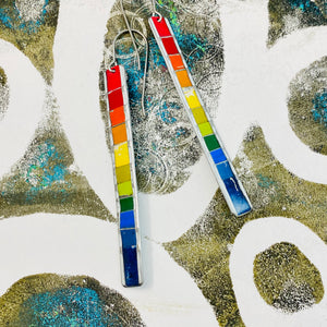 Rainbow Fenced White Edge Narrow Rectangle Tin Earrings