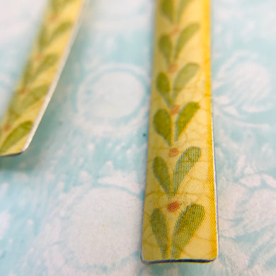 Sage Leaves on Butter Long Rectangle Tin Earrings
