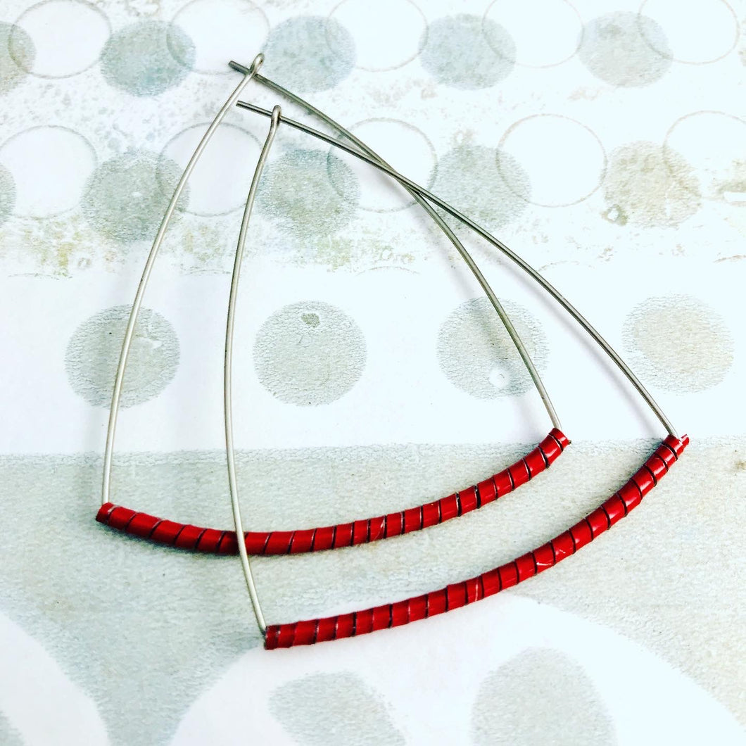 Red Spiraled Tin Triangle Hoop Earrings