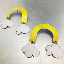 Load image into Gallery viewer, Bright Yellow Etched Rainbows with Puffy Clouds Upcycled Tin Earrings
